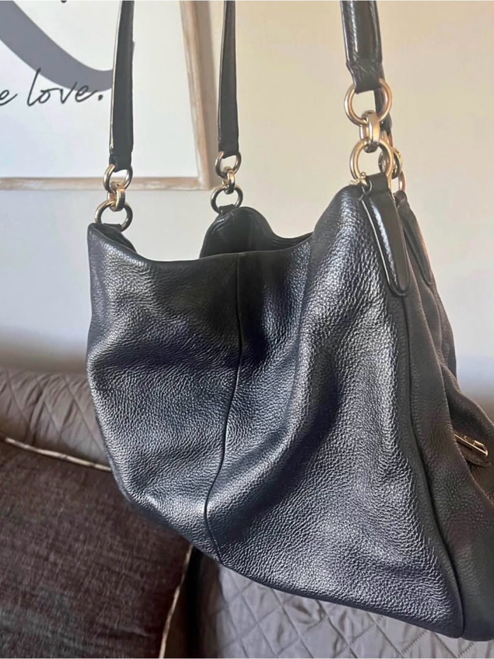 Black Leather Shoulder Bag with Gold Hardware - Women Bags